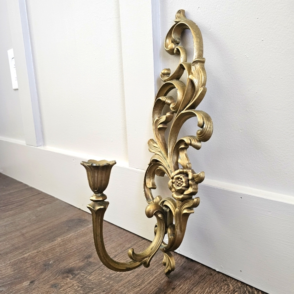 Homco vintage gold rococo swirl candleholder wall sconce